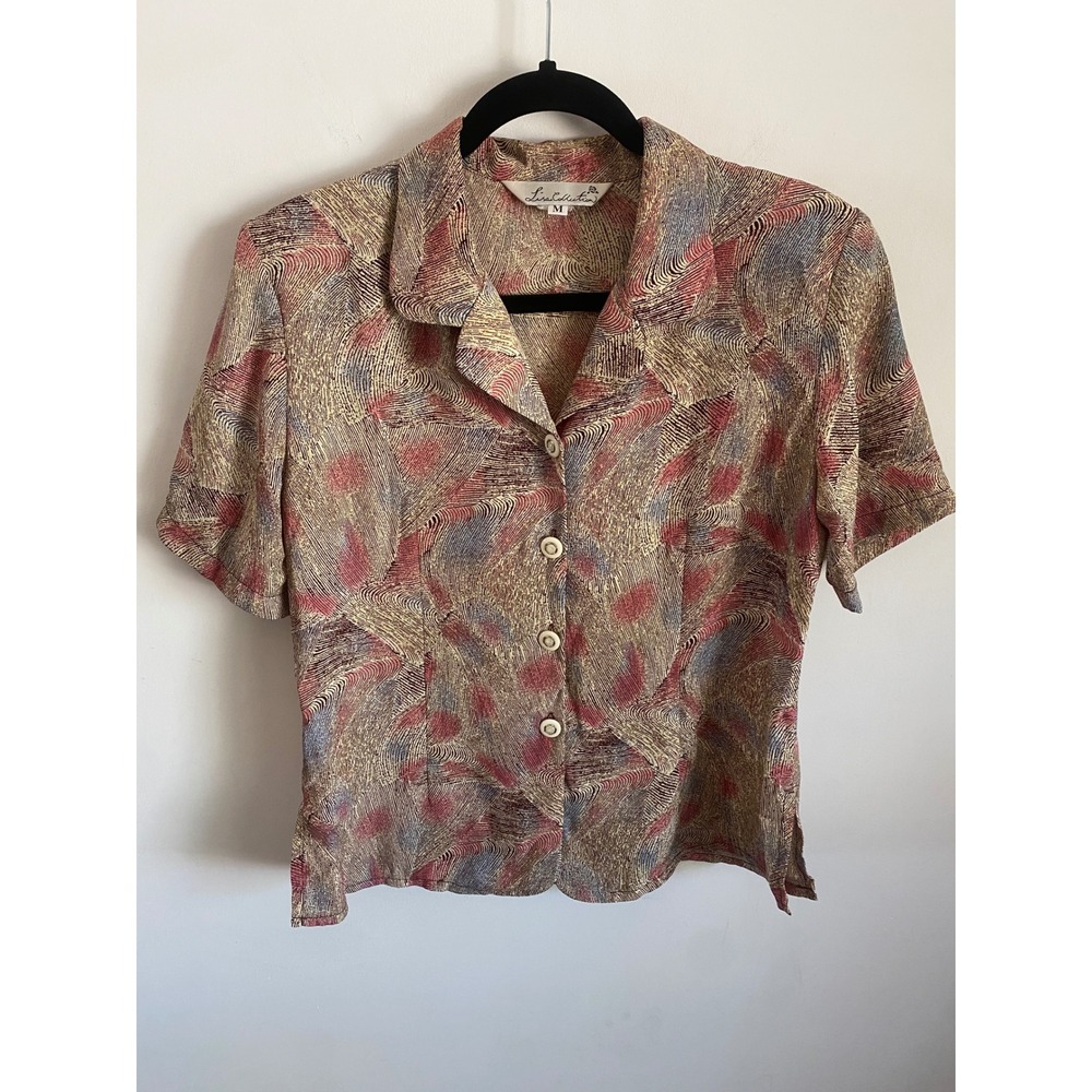Lisa Collection Vintage 90s Abstract Swirl Print Button Front Blouse Tan Red M